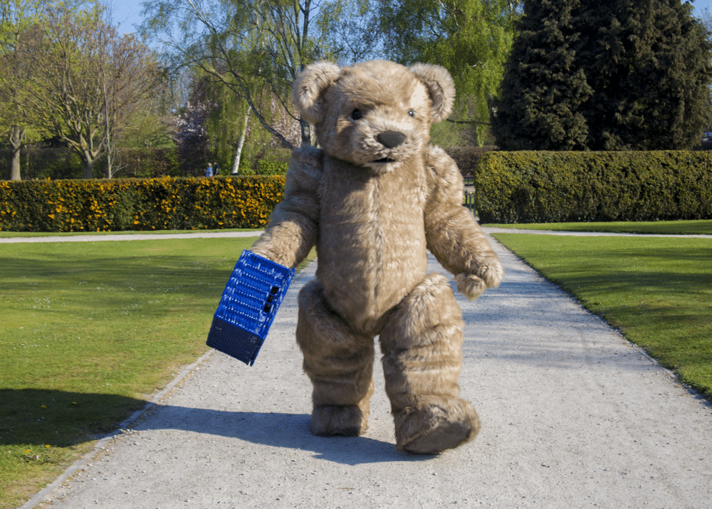 Realistic teddy bear costume filming